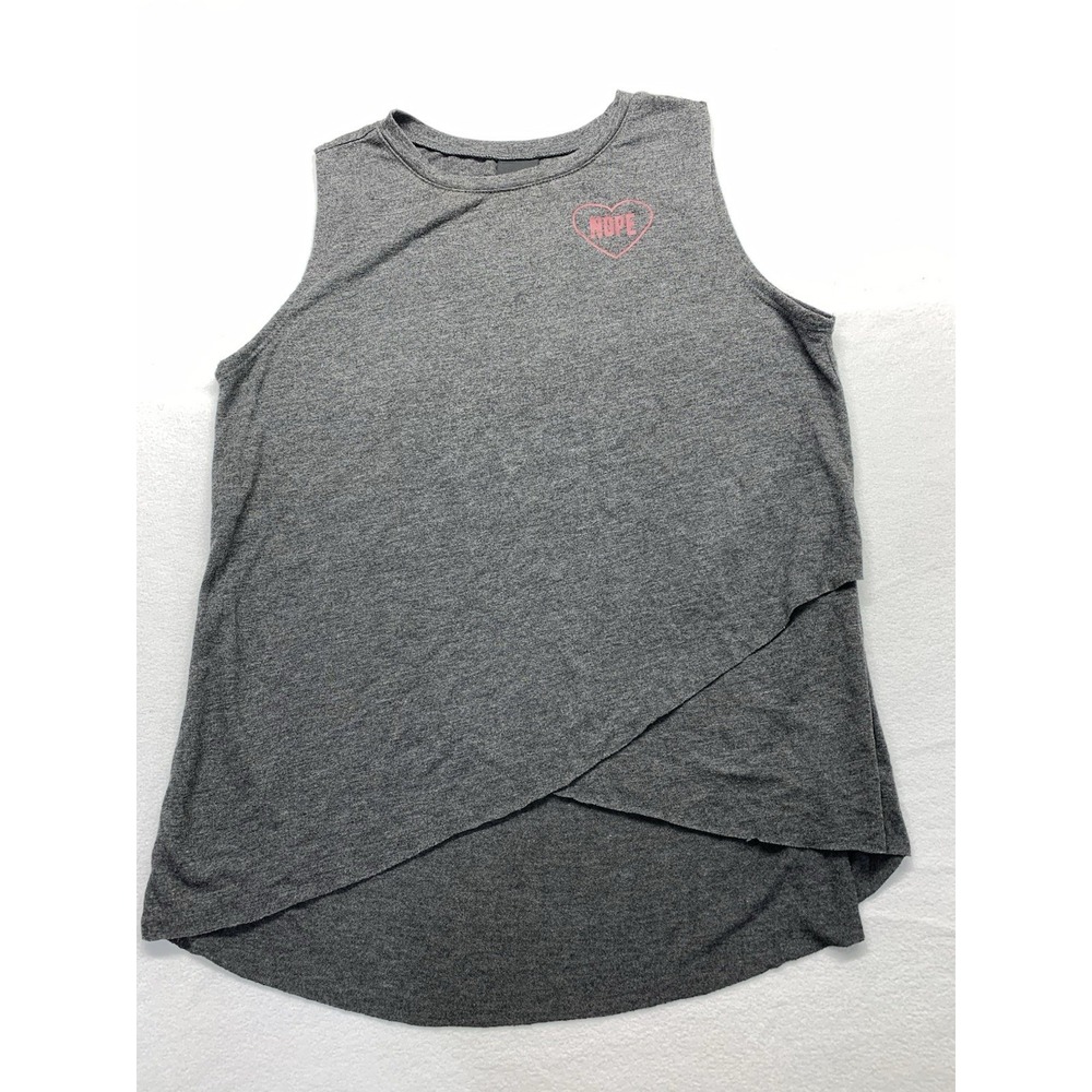 Modern Lux Tank Top Womens Small Gray Nope Heart Graphic Crossover Tulip Hem
